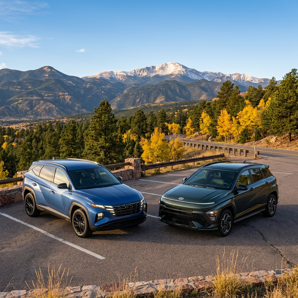 Blue and green Hyundai SUVs parked at a scenic mountain overlook surrounded by autumn trees and snow-capped peaks. (Representative image for illustration purposes only. Actual vehicle may vary based on trim and configuration.)