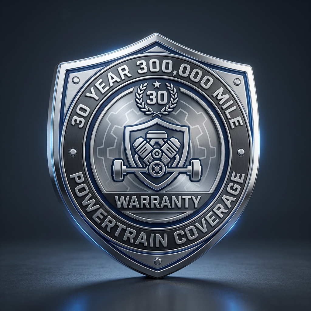 Metallic shield emblem featuring 30 Year 300,000 Mile Powertrain Coverage Warranty text and engine graphic. (Representative image for illustration purposes only. Actual vehicle may vary based on trim and configuration.)
