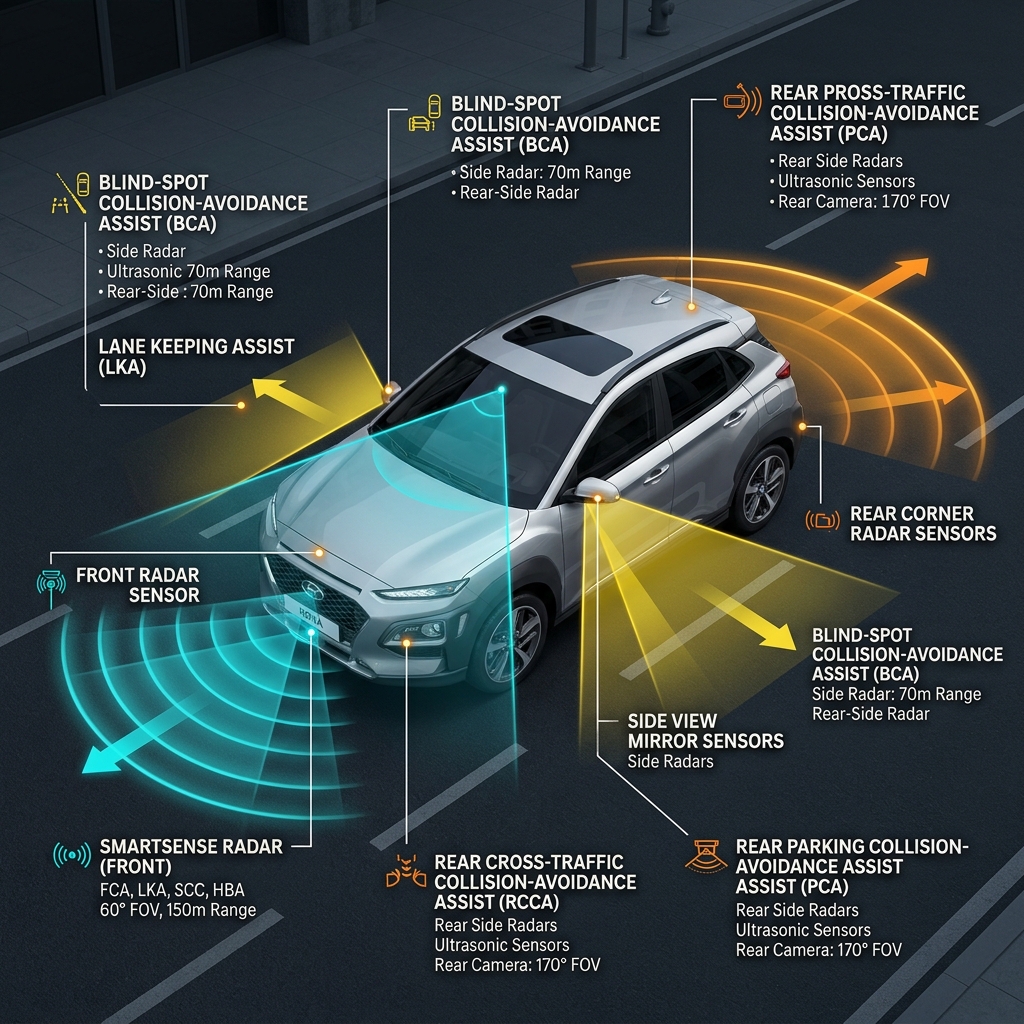 Diagram showing car safety radar sensors, blind-spot detection, and collision avoidance systems on an SUV. (Representative image for illustration purposes only. Actual vehicle may vary based on trim and configuration.)