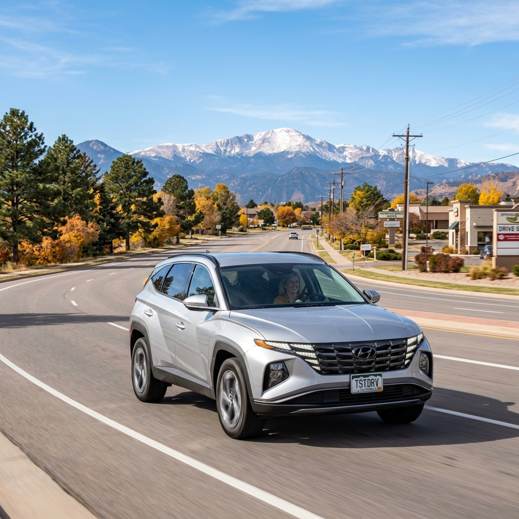 Silver Hyundai SUV driving along a road with snow-capped mountains and autumn trees in the background. (Representative image for illustration purposes only. Actual vehicle may vary based on trim and configuration.)