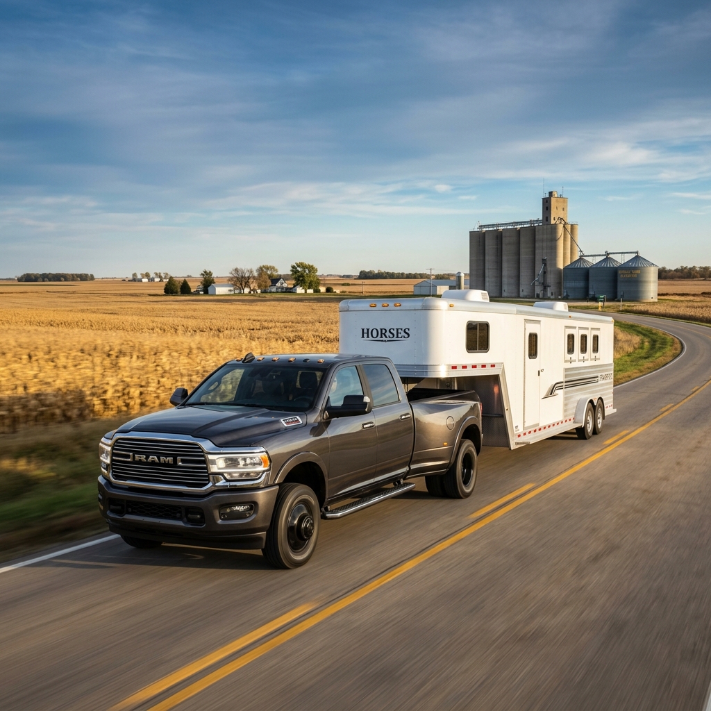 Dark grey Ram dually truck pulling a large white horse trailer along a rural highway past golden fields. (Representative image for illustration purposes only. Actual vehicle may vary based on trim and configuration.)