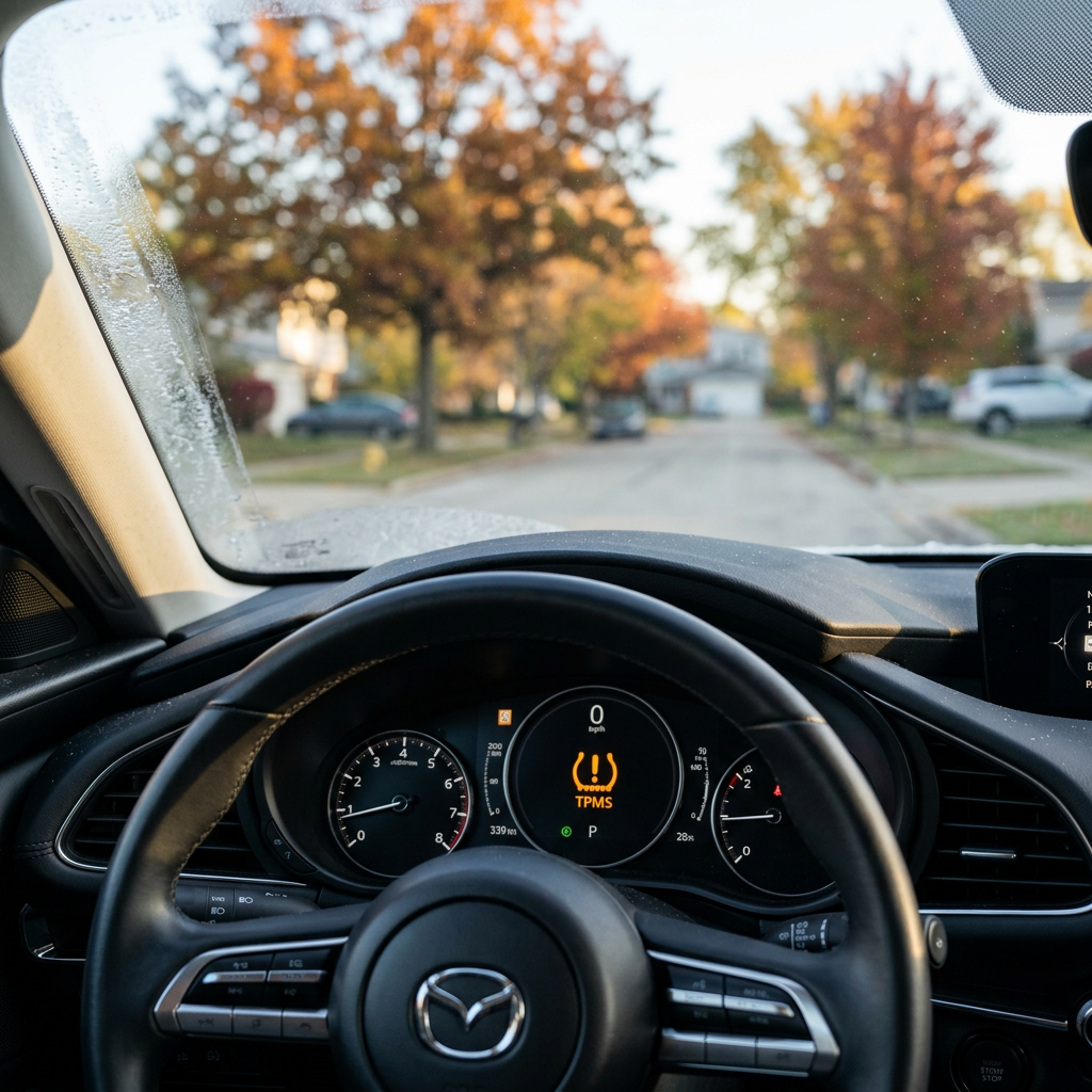 View from inside a Mazda car showing a glowing yellow tire pressure (TPMS) warning light on the dashboard. (Representative image for illustration purposes only. Actual vehicle may vary based on trim and configuration.)