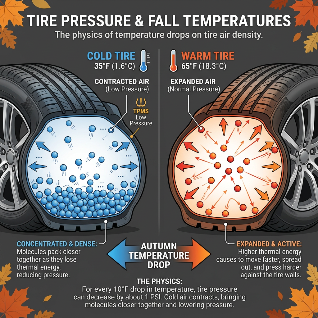 Infographic comparing cold and warm tire air pressure, showing how air molecules contract at lower temperatures. (Representative image for illustration purposes only. Actual vehicle may vary based on trim and configuration.)