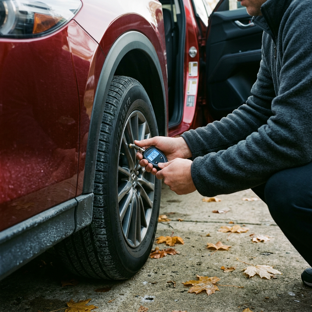 A person crouching beside a red car on an autumn day, using a digital gauge to check tire pressure. (Representative image for illustration purposes only. Actual vehicle may vary based on trim and configuration.)
