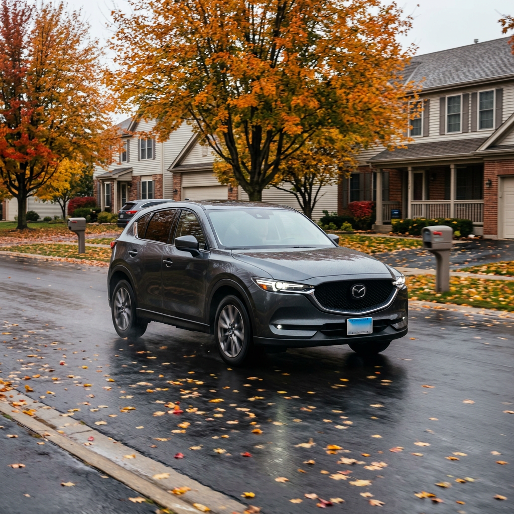 Dark grey Mazda CX-5 driving on a wet suburban street lined with autumn trees and scattered yellow leaves. (Representative image for illustration purposes only. Actual vehicle may vary based on trim and configuration.)