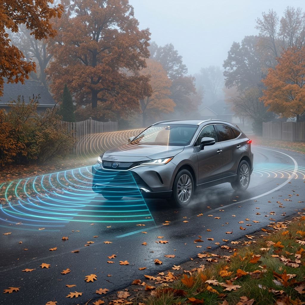 Silver SUV driving on a foggy autumn road with digital sensor beams scanning the damp street ahead. (Representative image for illustration purposes only. Actual vehicle may vary based on trim and configuration.)