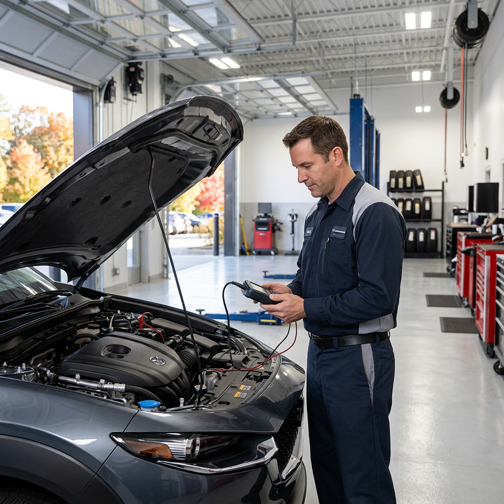 An auto mechanic uses a handheld diagnostic tool on an open engine bay inside a service garage. (Representative image for illustration purposes only. Actual vehicle may vary based on trim and configuration.)