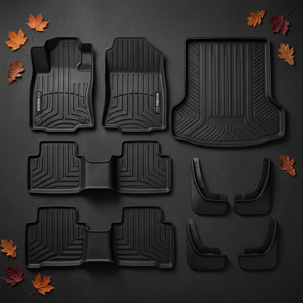 Black rubber Mazda floor mats, cargo liner, and mud flaps arranged flat on a dark surface with autumn leaves. (Representative image for illustration purposes only. Actual vehicle may vary based on trim and configuration.)