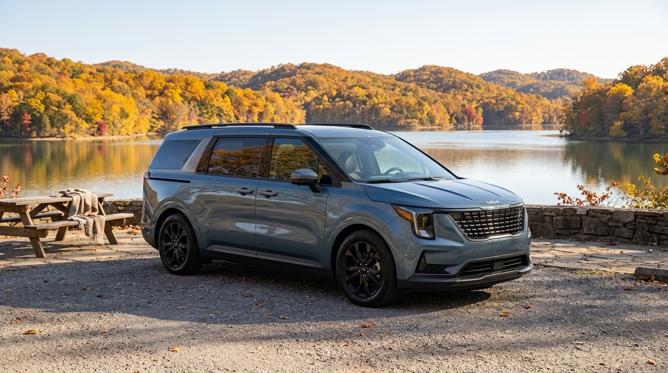 Blue Kia Carnival parked at a lakeside overlook surrounded by colorful fall trees and hills. (Representative image for illustration purposes only. Actual vehicle may vary based on trim and configuration.)
