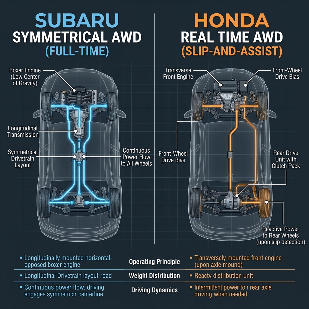Infographic diagram comparing Subaru Symmetrical AWD (full-time) with Honda Real Time AWD (slip-and-assist) drivetrains. (Representative image for illustration purposes only. Actual vehicle may vary based on trim and configuration.)