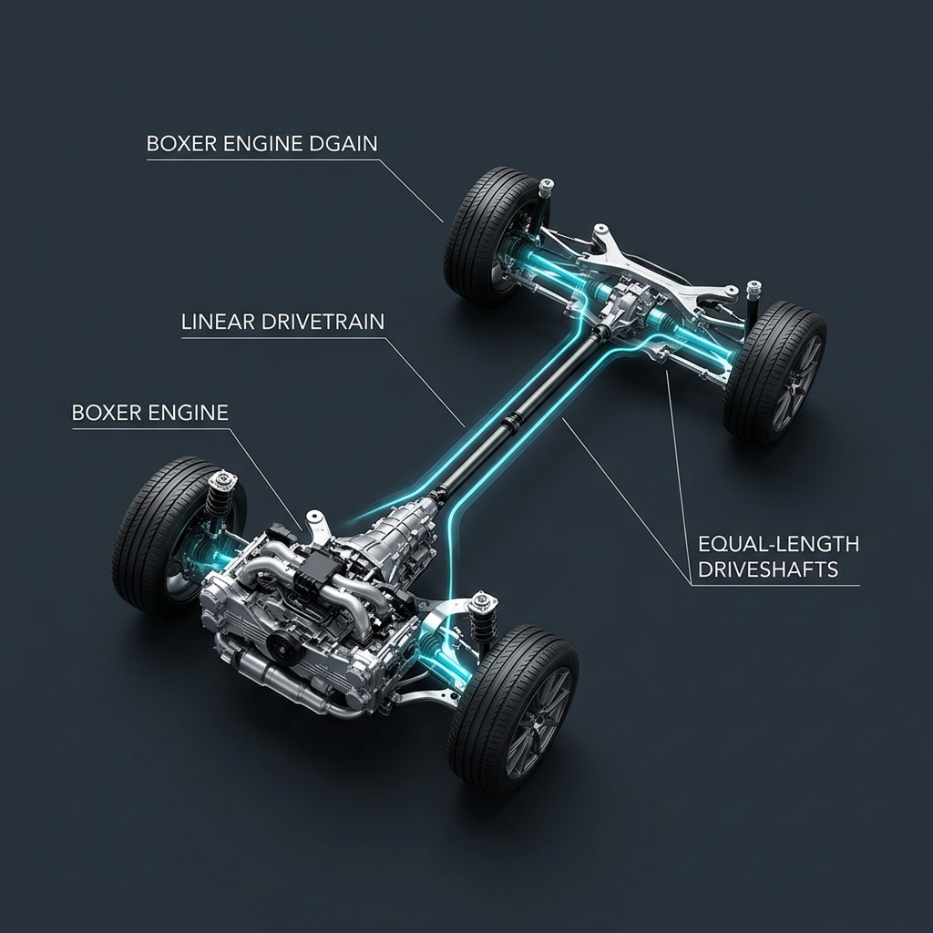 3D technical rendering of a car chassis with a boxer engine and symmetrical all-wheel drive system highlighted in blue. (Representative image for illustration purposes only. Actual vehicle may vary based on trim and configuration.)