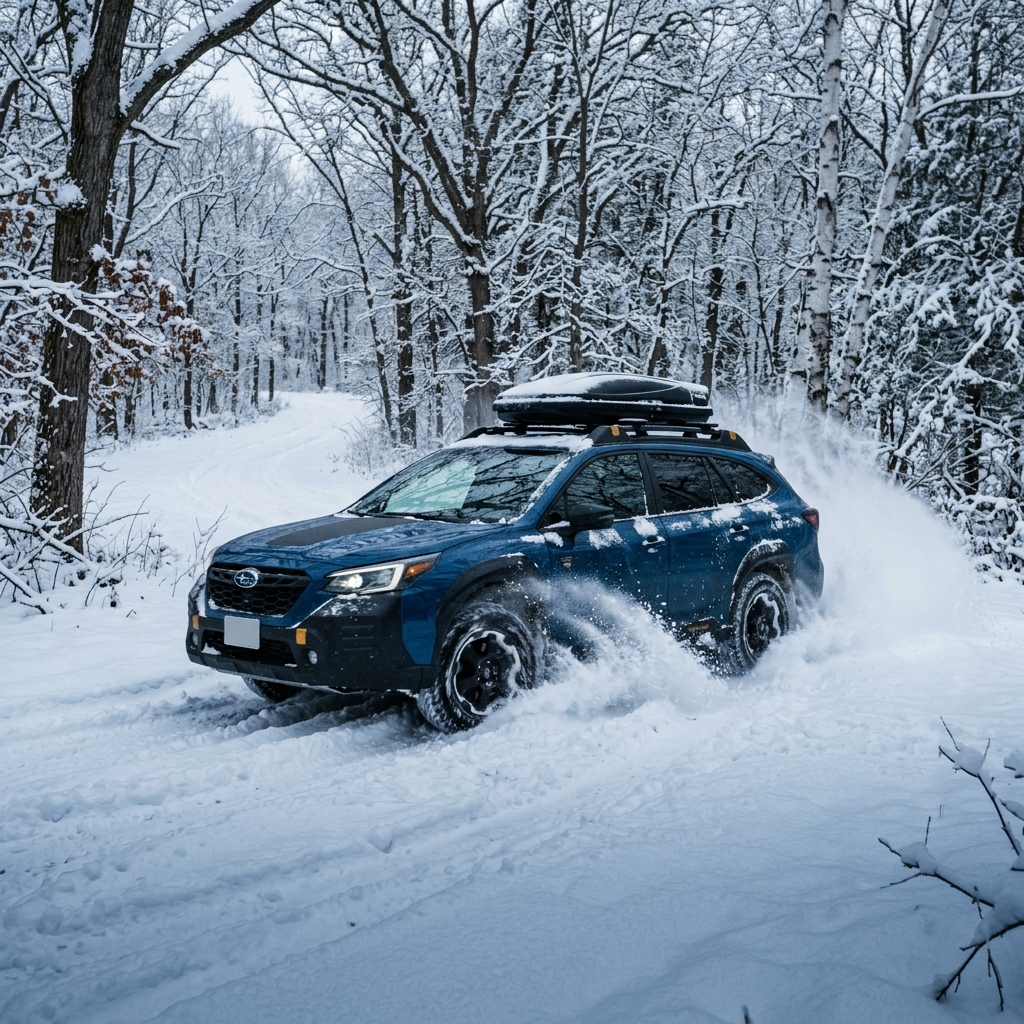 Blue Subaru Outback Wilderness with a roof cargo box driving dynamically through a snowy forest road. (Representative image for illustration purposes only. Actual vehicle may vary based on trim and configuration.)