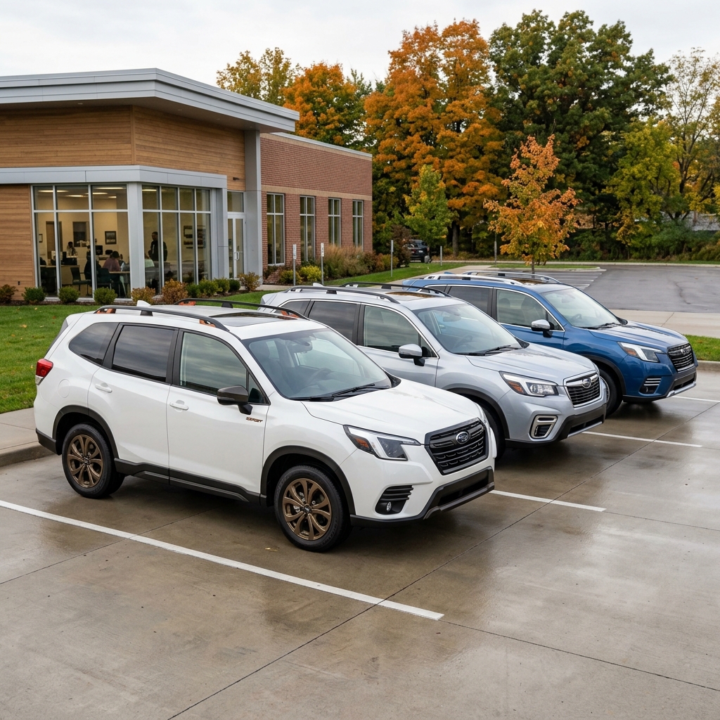 Three Subaru Forester SUVs in white, silver, and blue parked outside a modern dealership surrounded by autumn trees. (Representative image for illustration purposes only. Actual vehicle may vary based on trim and configuration.)