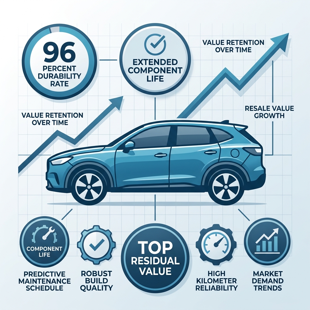 Infographic showing a blue SUV surrounded by automotive reliability metrics like 96% durability rate and top residual value. (Representative image for illustration purposes only. Actual vehicle may vary based on trim and configuration.)
