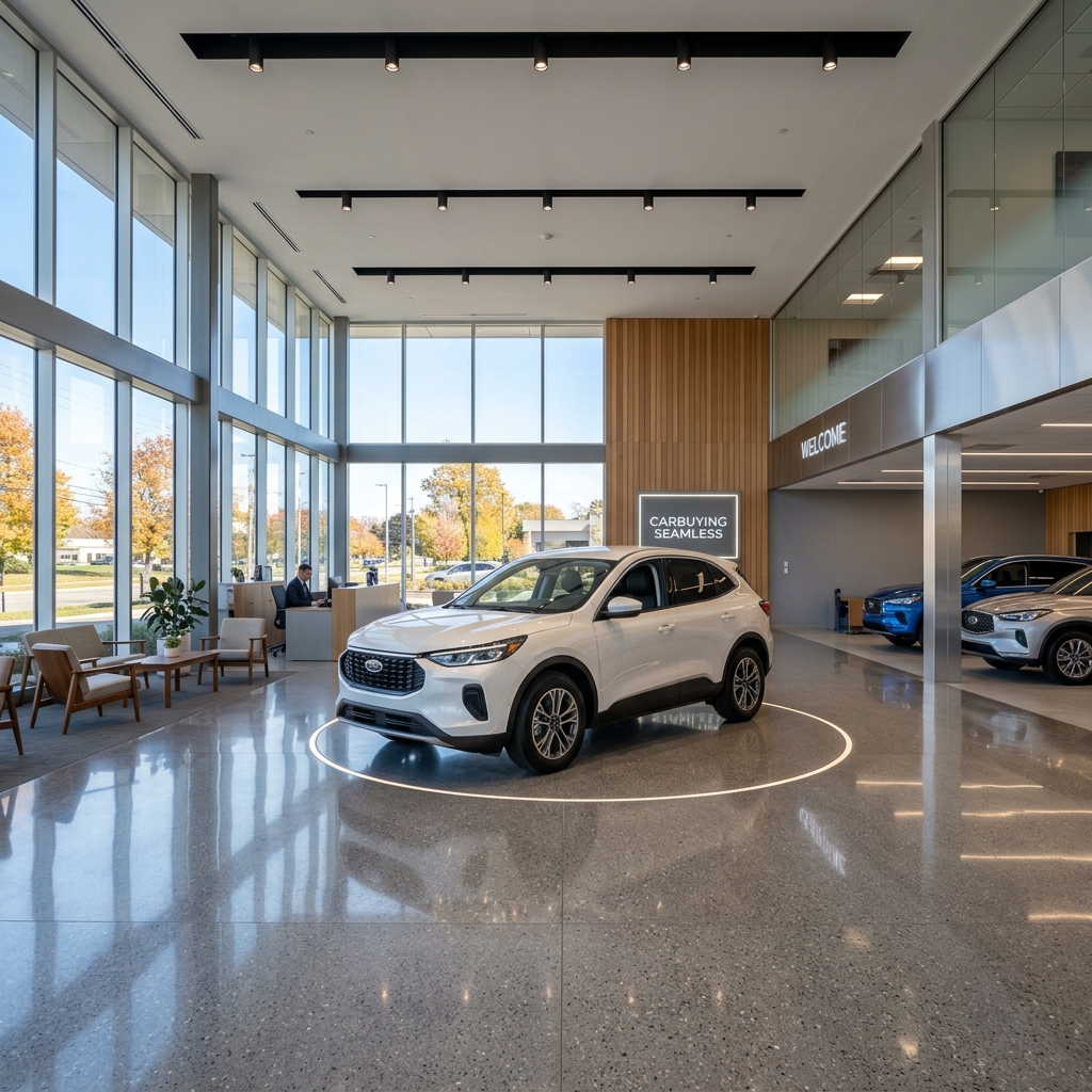 White SUV displayed on a lit circular floor platform inside a modern, spacious car dealership showroom. (Representative image for illustration purposes only. Actual vehicle may vary based on trim and configuration.)