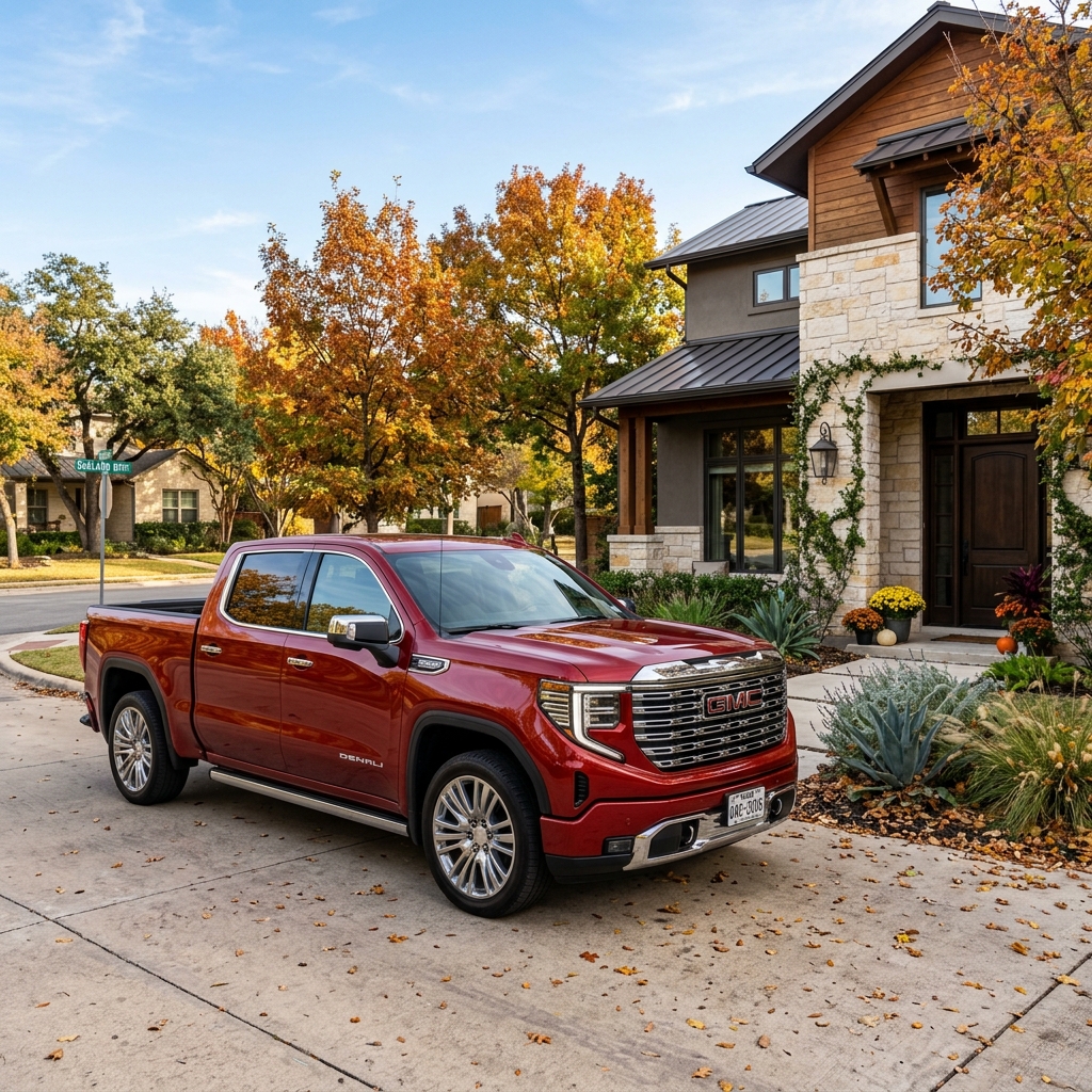 Red GMC Sierra Denali pickup truck parked on a concrete driveway outside a modern home in autumn. (Representative image for illustration purposes only. Actual vehicle may vary based on trim and configuration.)