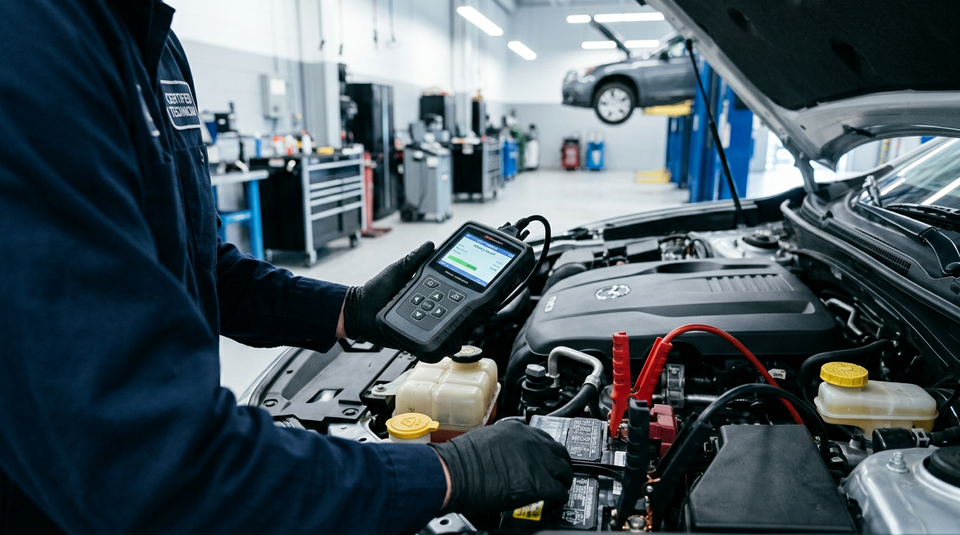 Mechanic wearing black gloves uses a handheld diagnostic scanner connected to a car battery under an open hood. (Representative image for illustration purposes only. Actual vehicle may vary based on trim and configuration.)