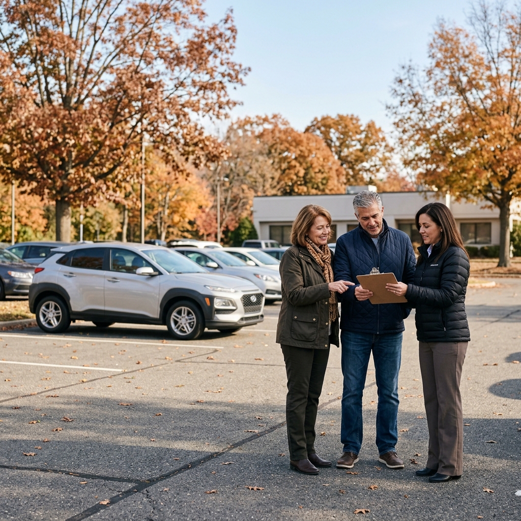 A couple reviews paperwork on a clipboard with a car dealership representative in an outdoor parking lot in autumn. (Representative image for illustration purposes only. Actual vehicle may vary based on trim and configuration.)