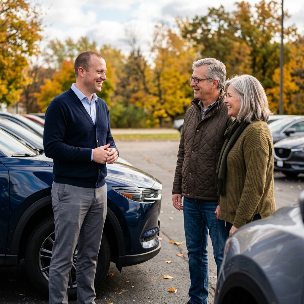 A smiling car salesman speaks with an older couple in a dealership parking lot surrounded by cars and fall foliage. (Representative image for illustration purposes only. Actual vehicle may vary based on trim and configuration.)
