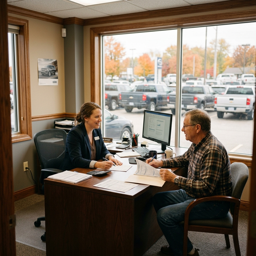 A dealership agent working with a customer at a desk filled with paperwork in an office setting. (Representative image for illustration purposes only. Actual vehicle may vary based on trim and configuration.)