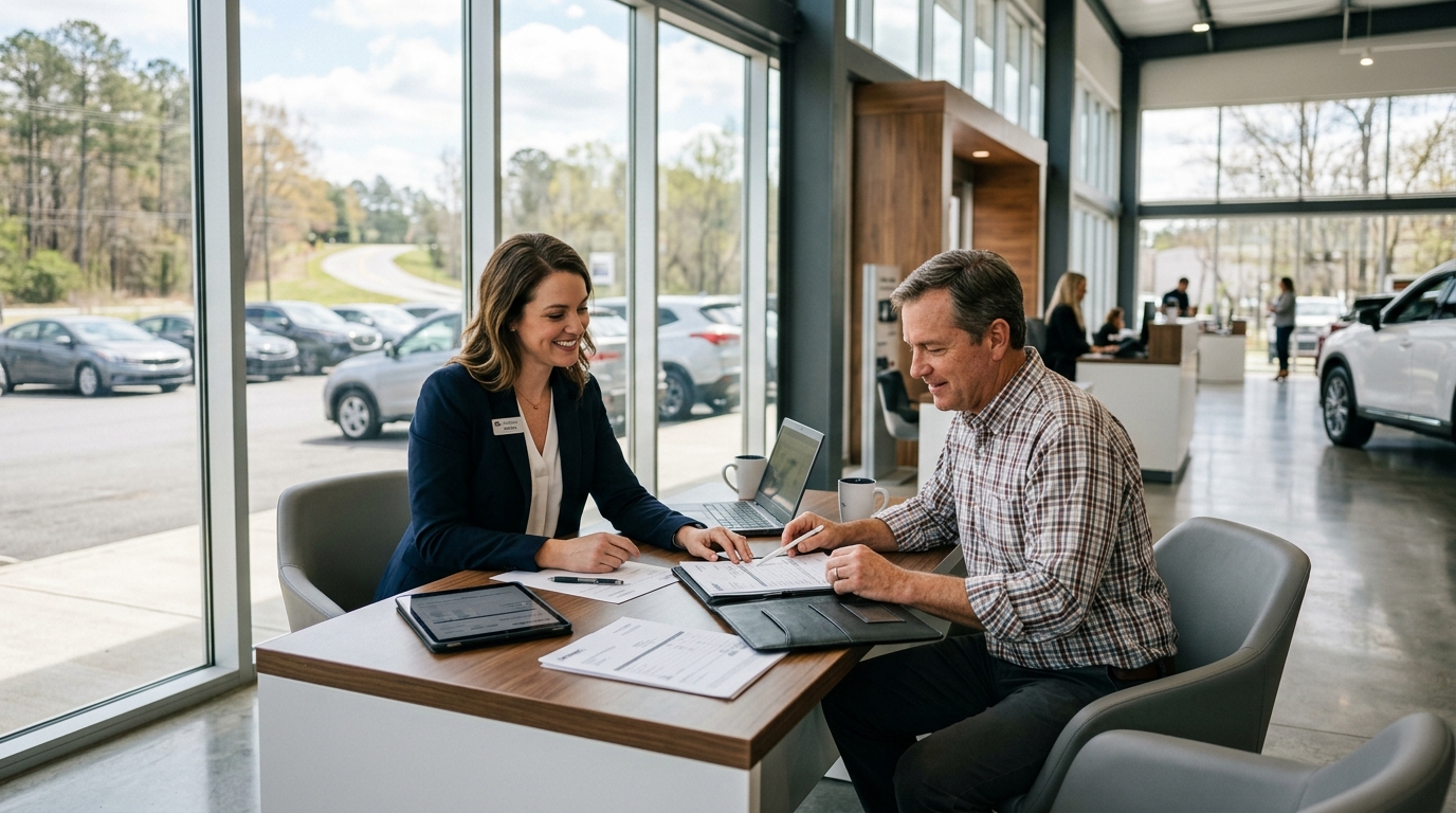 A female car dealership salesperson helping a male customer review and sign purchase documents at a desk. (Representative image for illustration purposes only. Actual vehicle may vary based on trim and configuration.)
