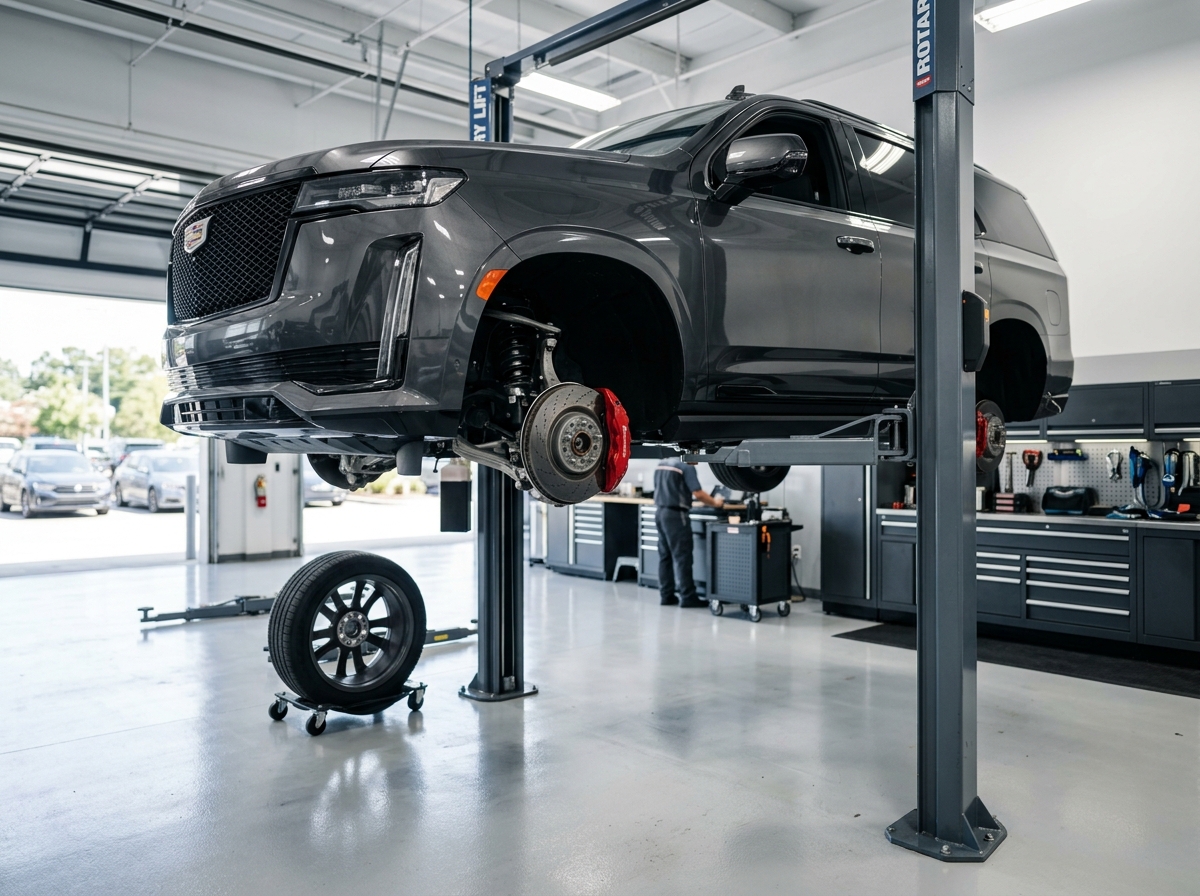 Dark gray Cadillac Escalade raised on a hydraulic lift in a modern automotive service shop with its front wheel removed. (Representative image for illustration purposes only. Actual vehicle may vary based on trim and configuration.)