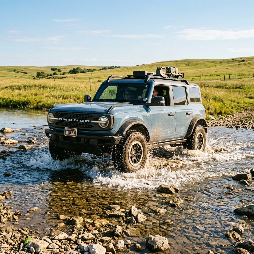A blue Ford Bronco driving through a shallow, rocky stream in a grassy countryside landscape. (Representative image for illustration purposes only. Actual vehicle may vary based on trim and configuration.)