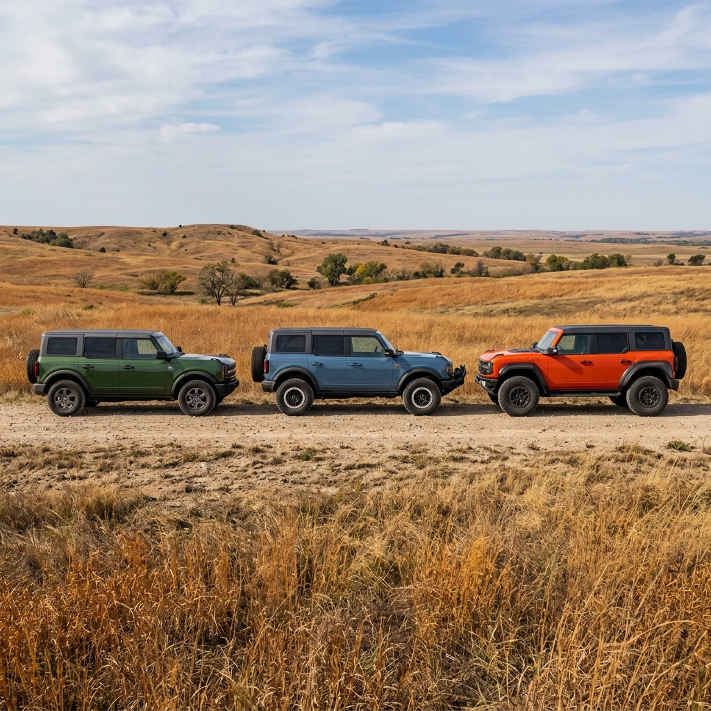Three Ford Broncos in green, blue, and orange parked side by side on a dirt path in a rolling grassy landscape. (Representative image for illustration purposes only. Actual vehicle may vary based on trim and configuration.)
