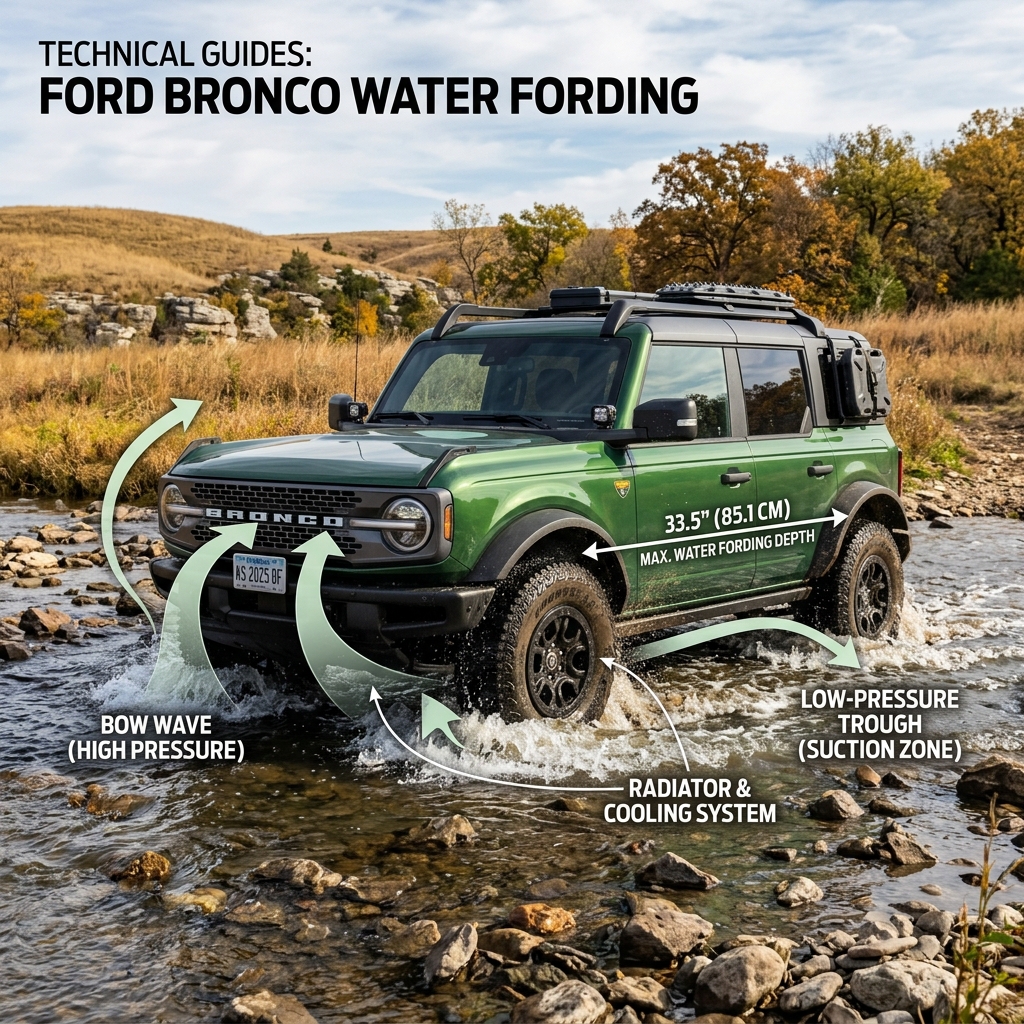 Diagram of a green Ford Bronco driving through a river showing water fording physics and depth limits. (Representative image for illustration purposes only. Actual vehicle may vary based on trim and configuration.)