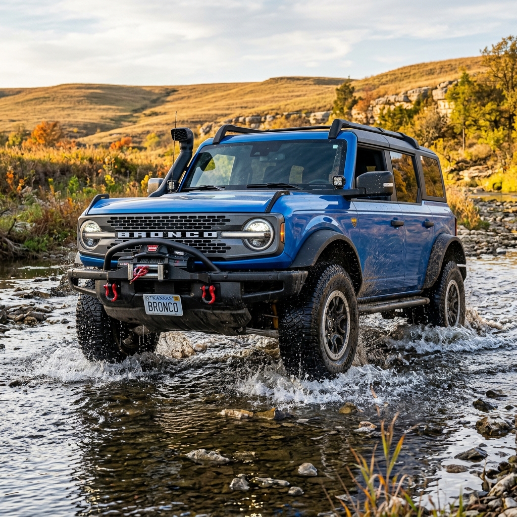 Blue Ford Bronco with an off-road winch and snorkel driving through a rocky, splashing stream in a hilly landscape. (Representative image for illustration purposes only. Actual vehicle may vary based on trim and configuration.)