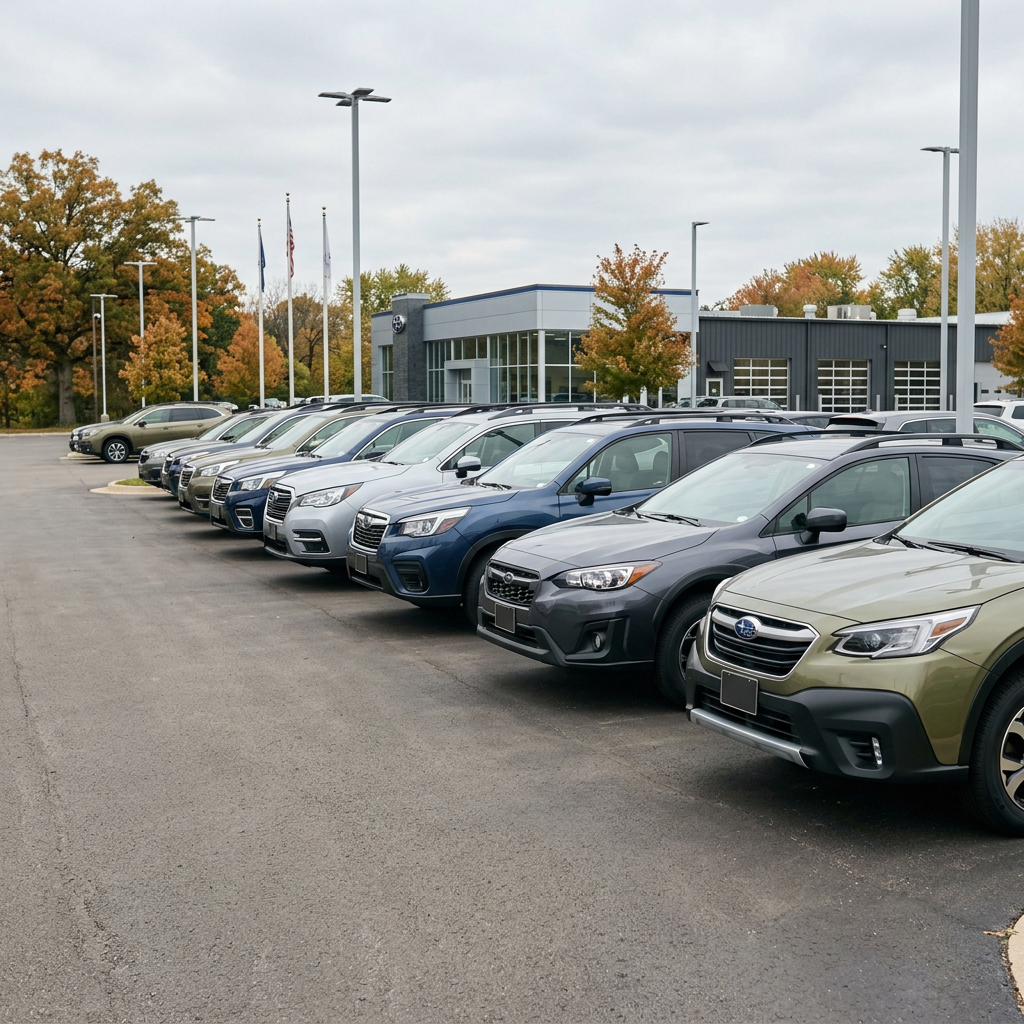 Row of Subaru SUVs parked at a car dealership lot on an overcast autumn day. (Representative image for illustration purposes only. Actual vehicle may vary based on trim and configuration.)