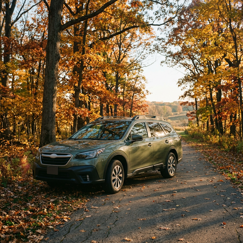 An olive green SUV parked along a country road surrounded by vibrant yellow and orange fall foliage. (Representative image for illustration purposes only. Actual vehicle may vary based on trim and configuration.)