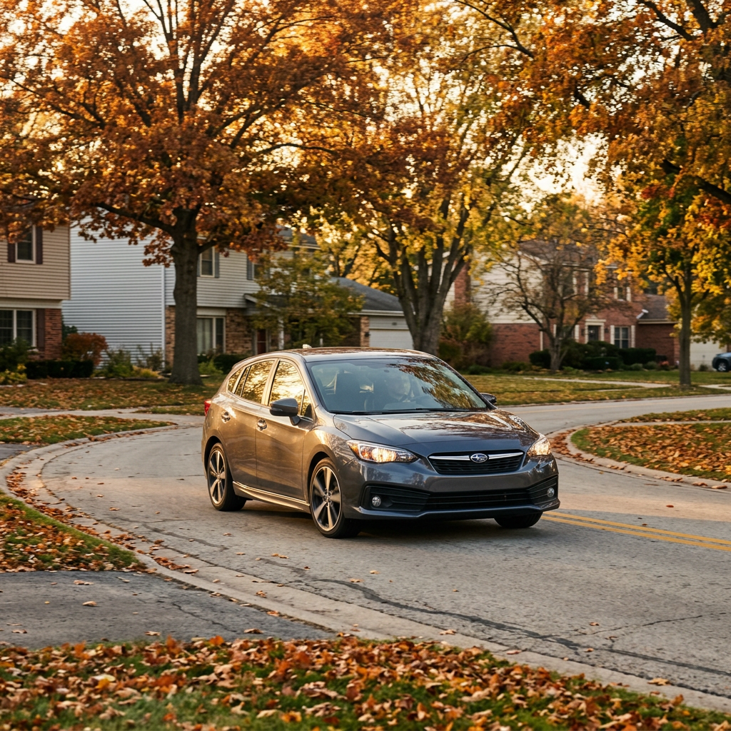 Dark grey Subaru Impreza hatchback driving on a suburban road surrounded by trees with autumn leaves. (Representative image for illustration purposes only. Actual vehicle may vary based on trim and configuration.)