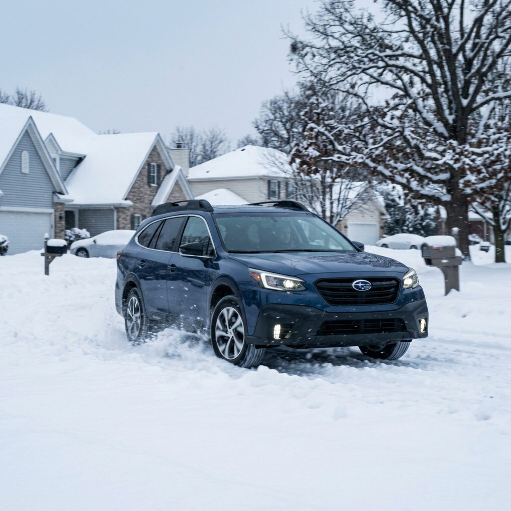 A dark blue Subaru Outback driving through deep snow on a residential street during winter. (Representative image for illustration purposes only. Actual vehicle may vary based on trim and configuration.)