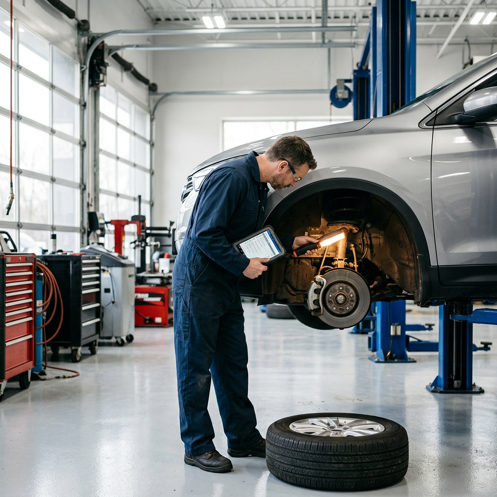 Auto mechanic holding a tablet and work light to inspect elevated car brakes in a repair shop. (Representative image for illustration purposes only. Actual vehicle may vary based on trim and configuration.)