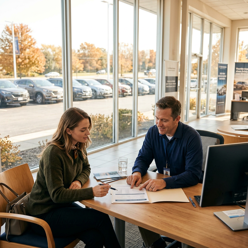 Woman and male representative reviewing documents at a desk inside a car dealership. (Representative image for illustration purposes only. Actual vehicle may vary based on trim and configuration.)