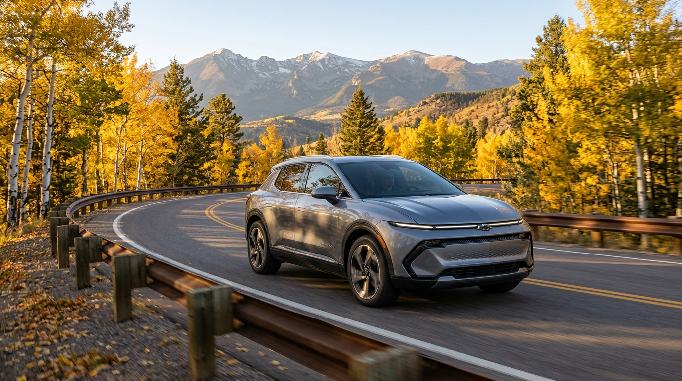 Silver Chevrolet Equinox EV driving on a winding mountain road surrounded by golden autumn trees and peaks. (Representative image for illustration purposes only. Actual vehicle may vary based on trim and configuration.)