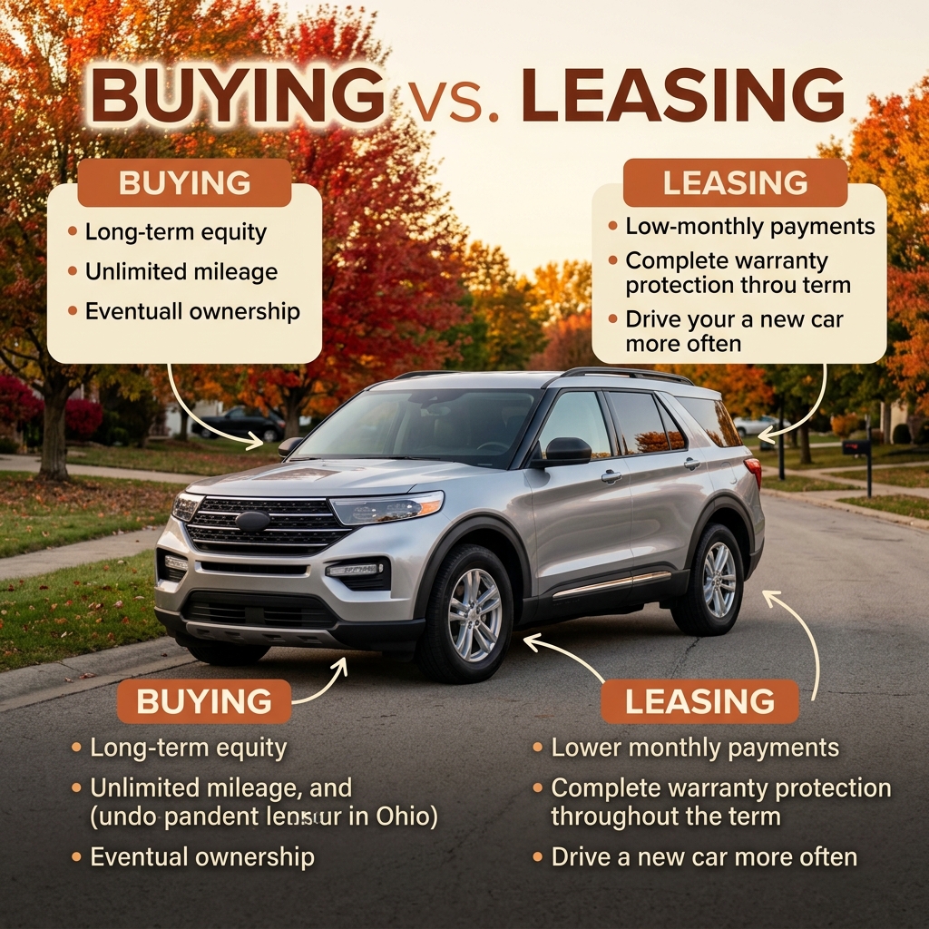 Infographic comparing car buying versus leasing key benefits, featuring a silver SUV on a suburban street. (Representative image for illustration purposes only. Actual vehicle may vary based on trim and configuration.)