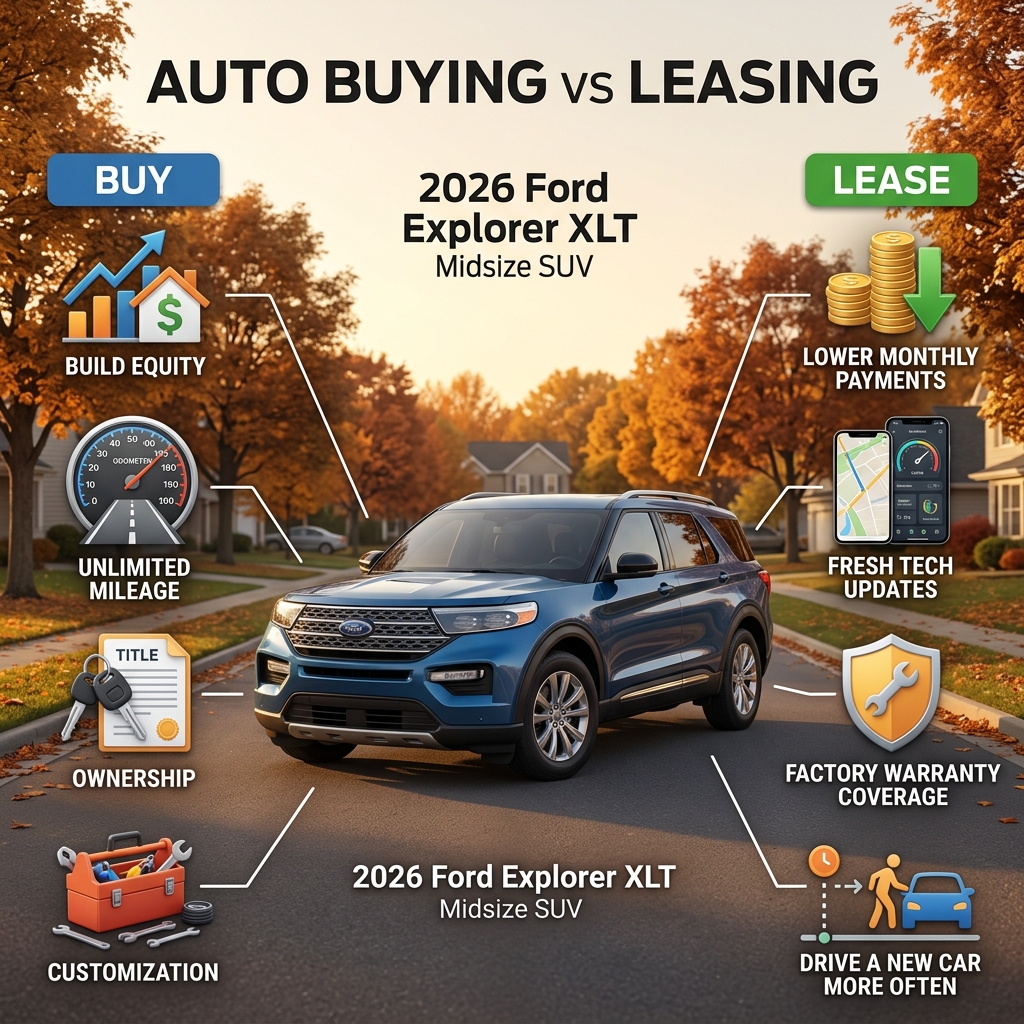 Infographic comparing auto buying versus leasing advantages, centered around a blue 2026 Ford Explorer XLT SUV. (Representative image for illustration purposes only. Actual vehicle may vary based on trim and configuration.)