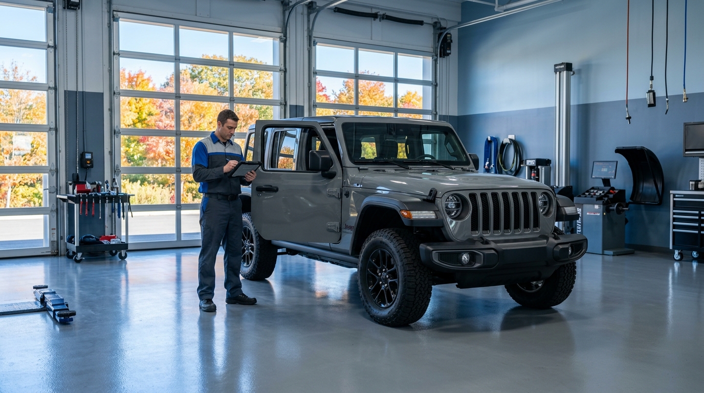 Auto technician holding a tablet clipboard next to a gray Jeep Wrangler inside a modern garage service bay. (Representative image for illustration purposes only. Actual vehicle may vary based on trim and configuration.)