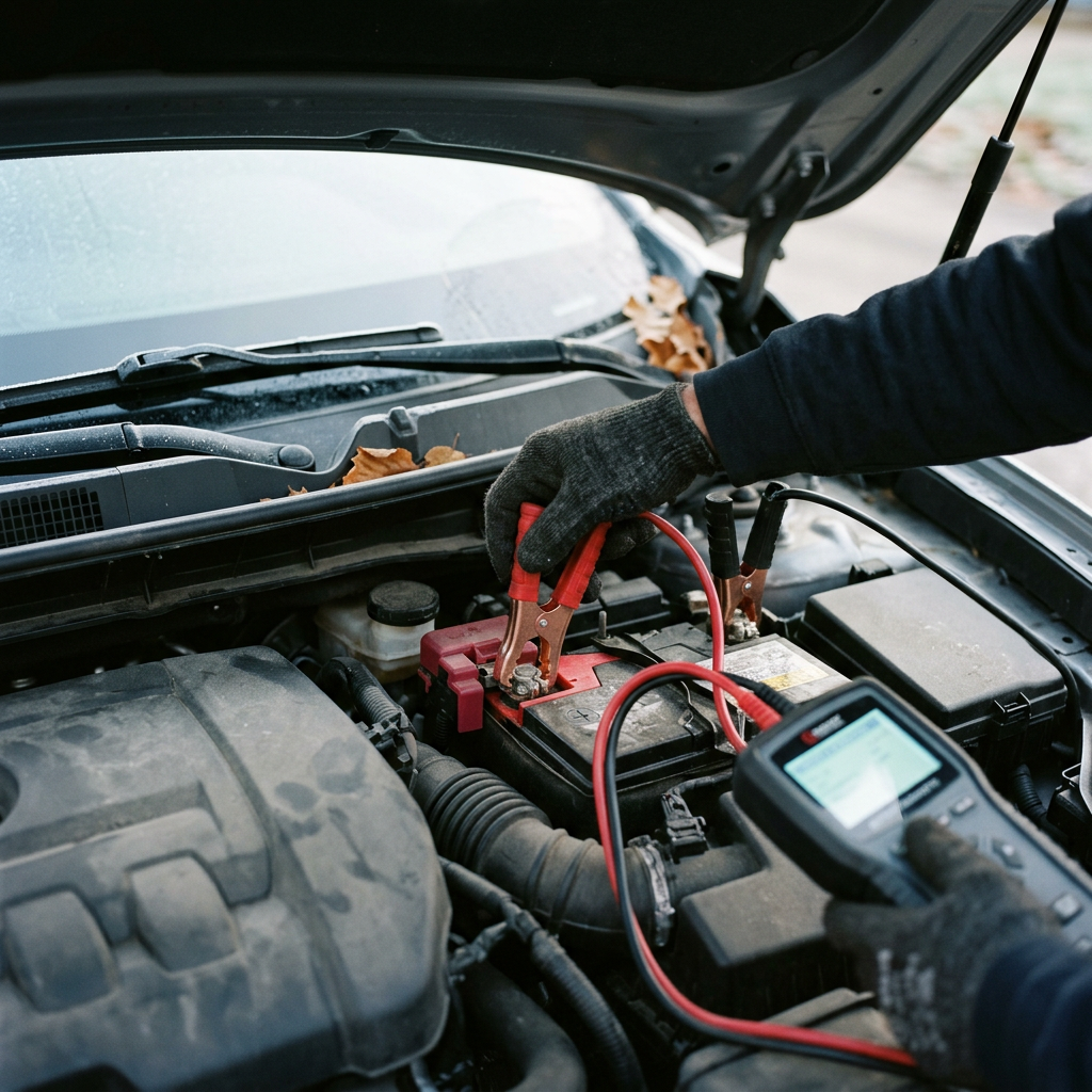 A gloved hand attaches a red clamp to a car battery while holding a digital battery diagnostic tester. (Representative image for illustration purposes only. Actual vehicle may vary based on trim and configuration.)