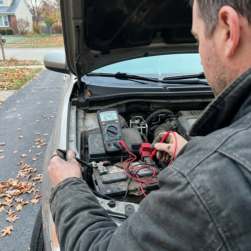 Man using a digital multimeter to test a car battery's voltage under an open hood. (Representative image for illustration purposes only. Actual vehicle may vary based on trim and configuration.)