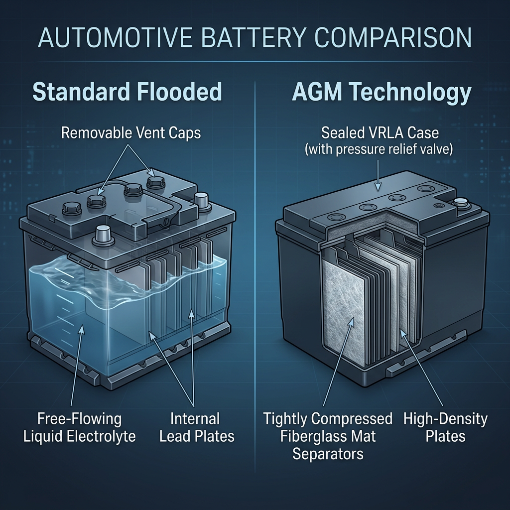 Diagram comparing a standard flooded automotive battery with liquid electrolyte to a sealed AGM battery with fiberglass mats. (Representative image for illustration purposes only. Actual vehicle may vary based on trim and configuration.)