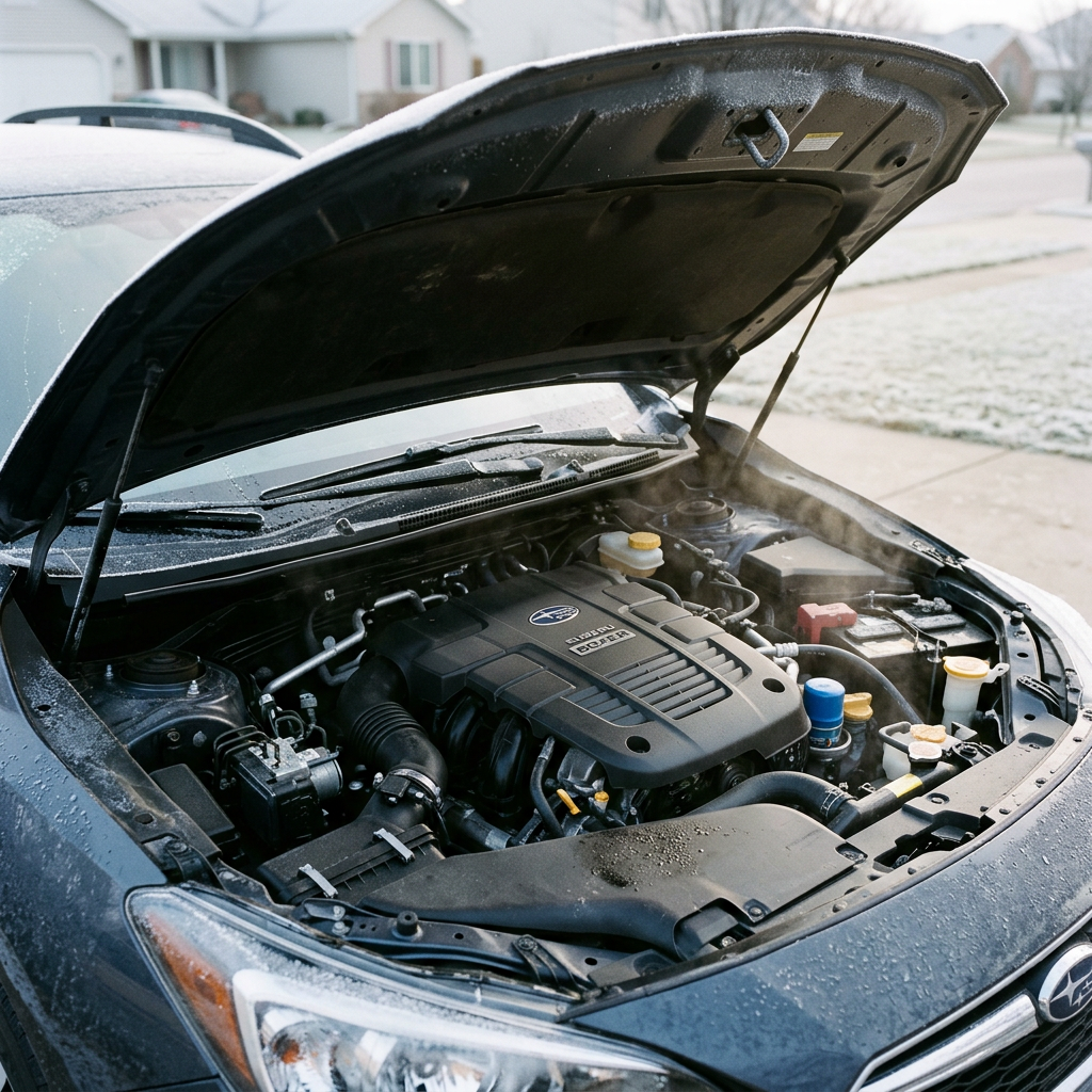 An open hood of a Subaru car revealing a steaming engine bay on a cold frost-covered morning. (Representative image for illustration purposes only. Actual vehicle may vary based on trim and configuration.)