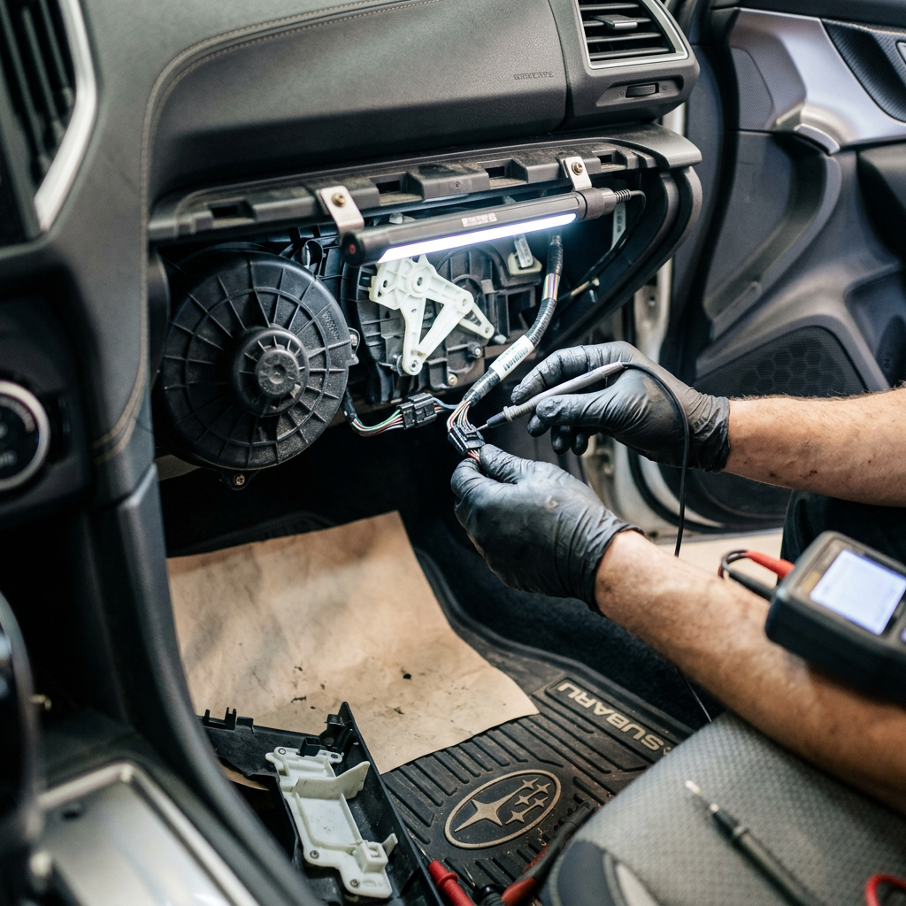 Mechanic wearing black gloves uses a multimeter probe to test electrical wiring under a car dashboard. (Representative image for illustration purposes only. Actual vehicle may vary based on trim and configuration.)