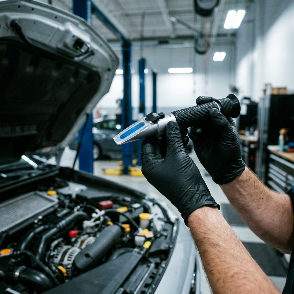 Mechanic wearing black gloves holding a handheld refractometer in front of an open car engine bay. (Representative image for illustration purposes only. Actual vehicle may vary based on trim and configuration.)