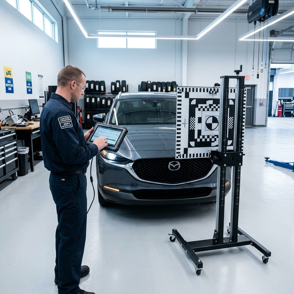 Automotive technician holding a diagnostic tablet in front of a Mazda SUV and an ADAS calibration target stand. (Representative image for illustration purposes only. Actual vehicle may vary based on trim and configuration.)