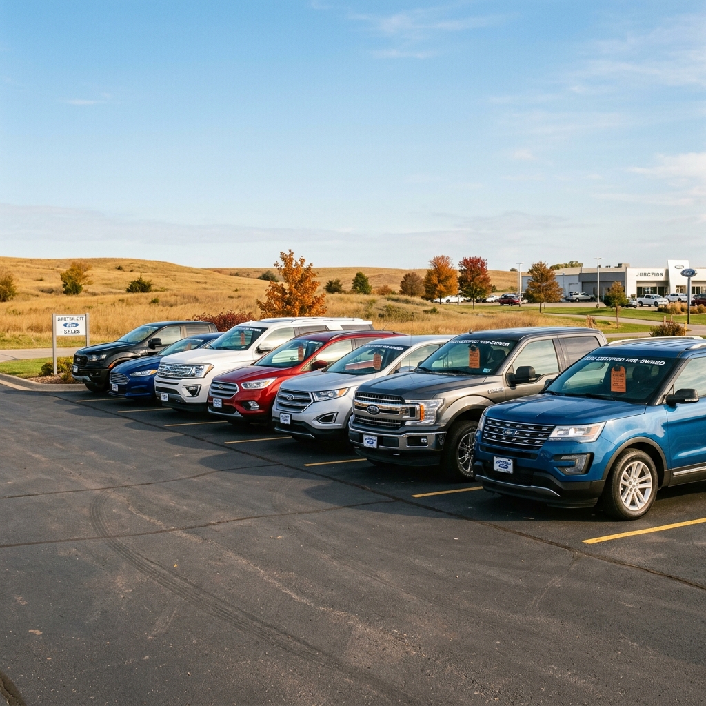 A row of colorful Ford SUVs and trucks parked in a dealership lot against a scenic outdoor background. (Representative image for illustration purposes only. Actual vehicle may vary based on trim and configuration.)