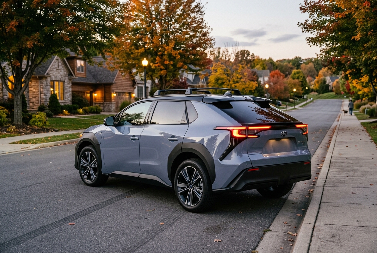 Rear view of a light blue Subaru Solterra electric SUV parked along a tree-lined suburban street in autumn. (Representative image for illustration purposes only. Actual vehicle may vary based on trim and configuration.)