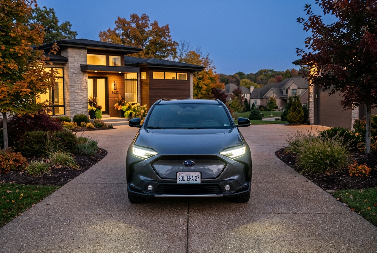 Dark grey Subaru Solterra electric SUV parked in a residential driveway in front of a modern home at dusk. (Representative image for illustration purposes only. Actual vehicle may vary based on trim and configuration.)